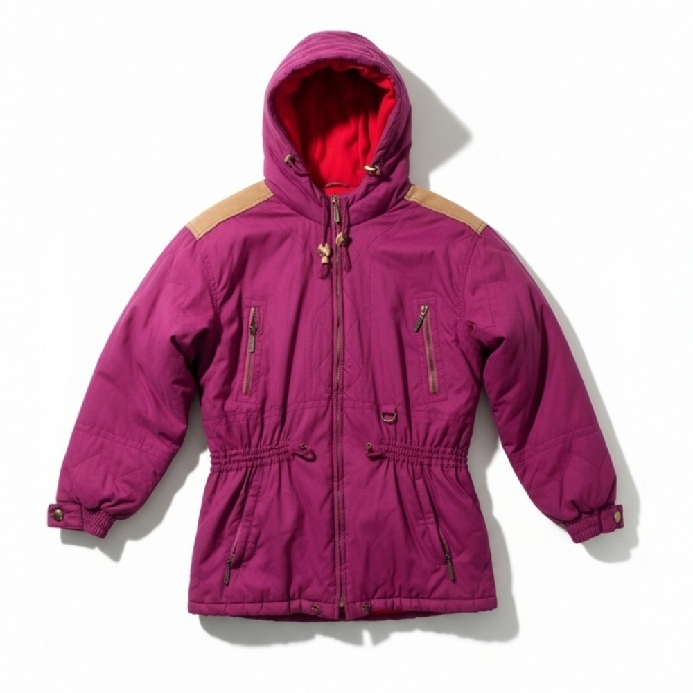 Powderhorn Vintage Ski Coat Womens 12 Large Magenta Hooded 80s Retro Winter